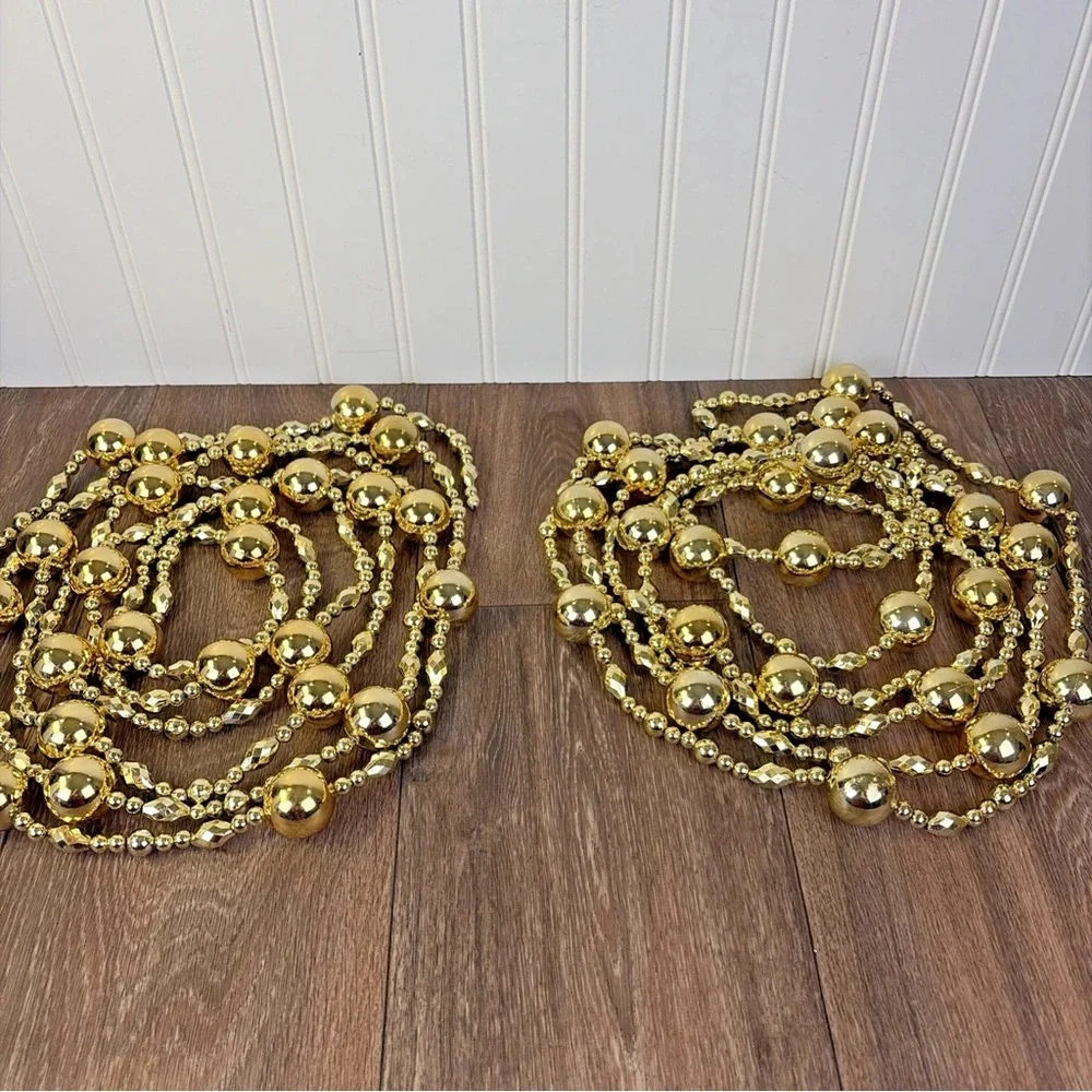 Lot of 2 Shiny Gold Plastic Bead Christmas Tree Garland Strand 12 Feet Each
